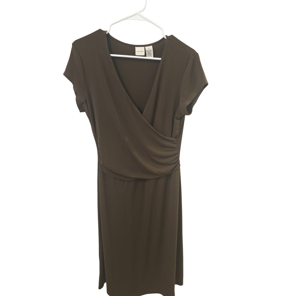 Merona Brown Faux Wrap Dress Short Sleeve Ruched V-Neck Summer Knit Midi Medium